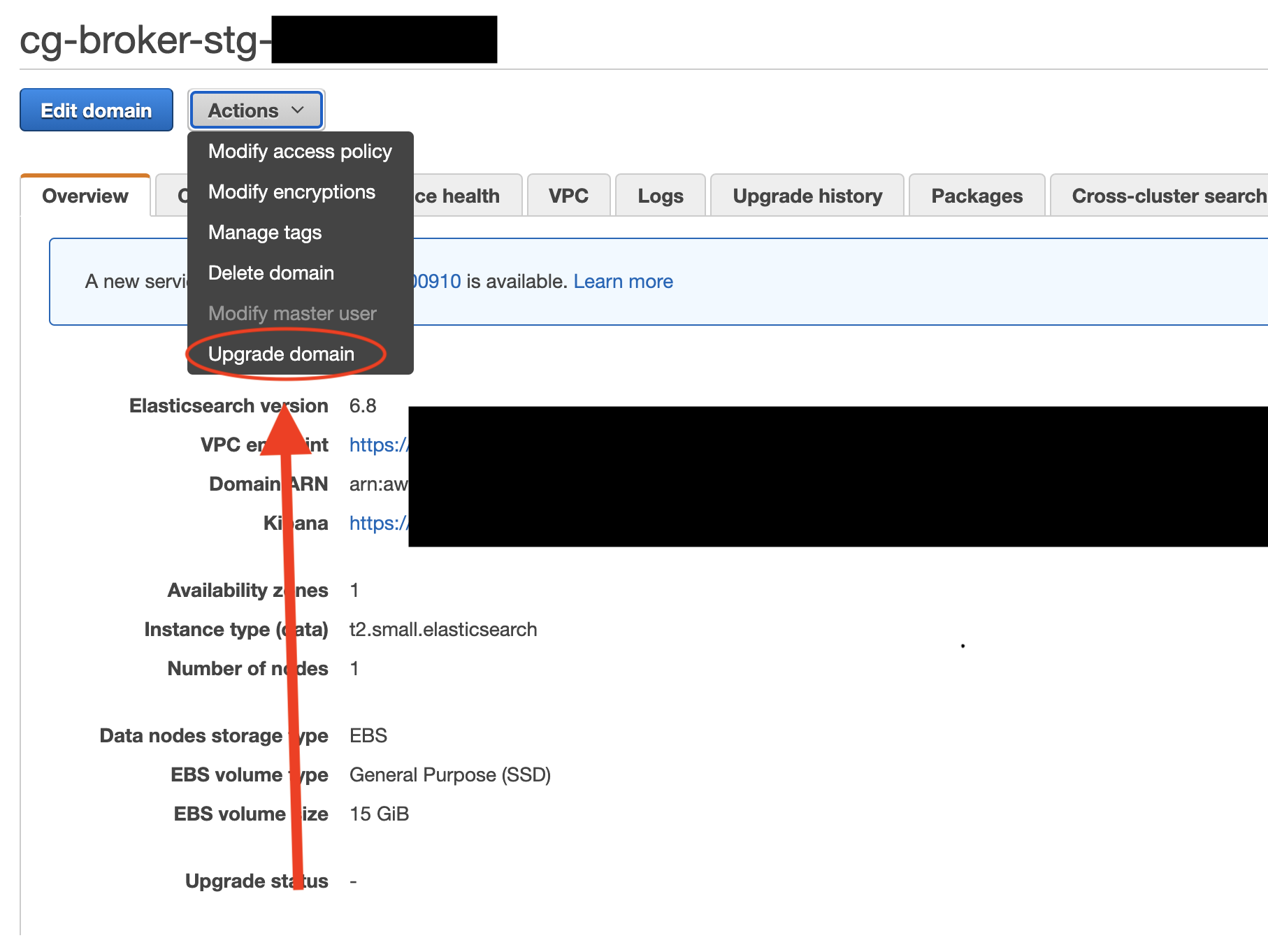 Click the Actions Button and then click the Upgrade domain option