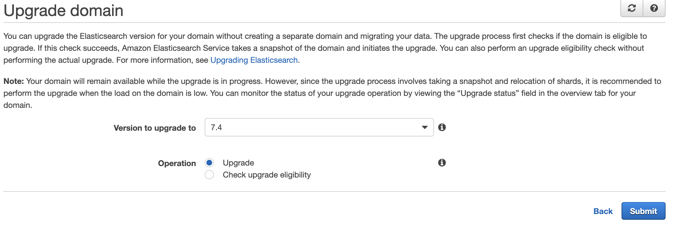 Select Version as 7.4 and Operation as Upgrade