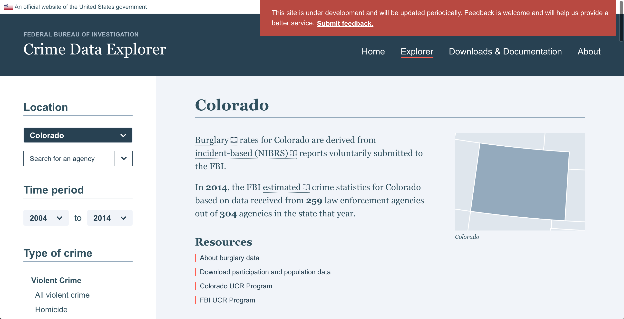 the fbi crime data explorer homepage