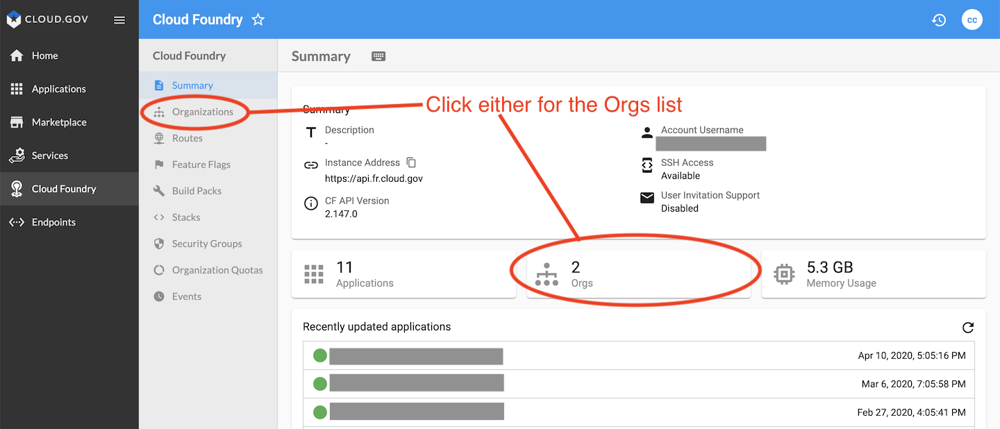 Click either Organizations in the secondary left menu that appears or the box labeled Orgs in the bottom center of the screen.