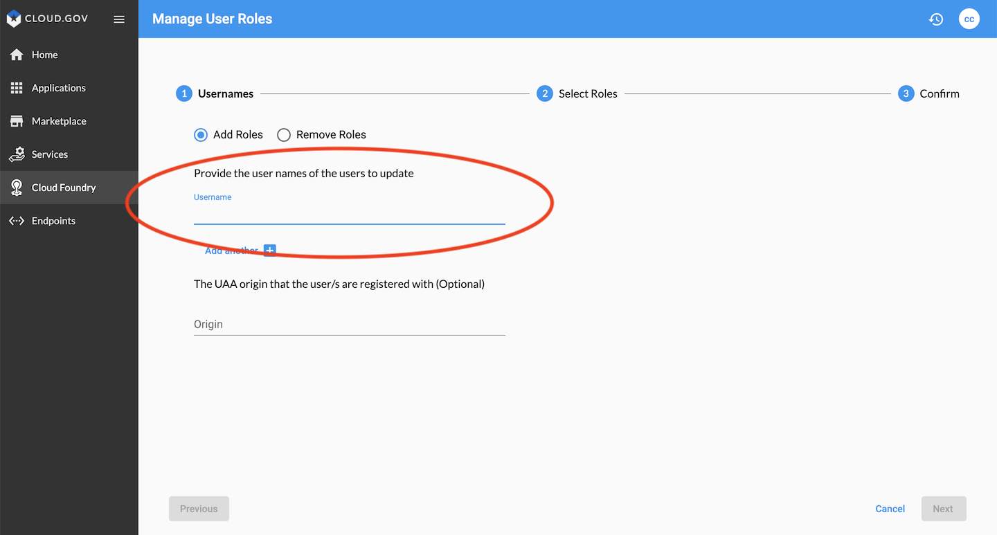 Type in the username that you want to either add or remove roles for in the organization, then click on the Next button at the bottom right of the screen.